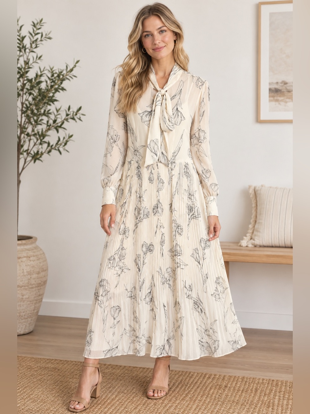 a new day Cream Floral Tie-Neck Pleated Maxi Dress with Black Sketch Print